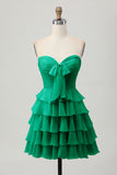 Sky Blue Strapless A Line Tiered Short Prom Dress with Bow