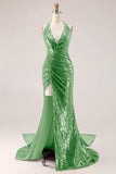 Sparkly Fuchsia Mermaid Halter Sequin Long Prom Dress with Slit