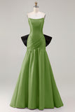 Strapless Fuchsia A-Line Convertible Satin Long Prom Dress with Large Bow