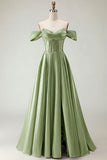 Off The Shoulder Dark Green Beaded A Line Corset Long Prom Dress with Slit