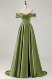 Blue A-Line Off The Shoulder Satin Long Bridesmaid Dress with Slit