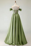 Off The Shoulder Dark Green Beaded A Line Corset Long Prom Dress with Slit