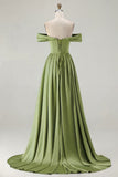 Blue A-Line Off The Shoulder Satin Long Bridesmaid Dress with Slit