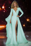 White Mermaid Long Sleeve Pageant Dress with Sash