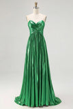 Sparkly Golden A Line Sweetheart Metallic Satin Pleated Long Prom Dress