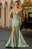 Dusty Blue Mermaid Beaded Corset Sequins Long Prom Dress with Slit