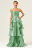 Blue A Line Strapless Tiered Satin Long Prom Dress