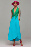 Orange And Fuchsia Colorblock V Neck A Line Formal Dress