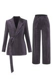 Peacock Blue Stripes Notched Lapel 2 Pieces Women's Suits with Belt