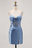 Royal Blue Sheer Corset Pleated Tight Short Prom Dress with Slit