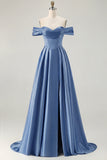 Blue A-Line Off The Shoulder Satin Long Bridesmaid Dress with Slit