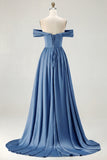 Blue A-Line Off The Shoulder Satin Long Bridesmaid Dress with Slit