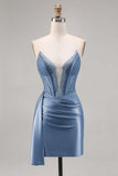 Navy Satin Beaded Corset Cocktail Dress with Sash