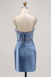 Royal Blue Sheer Corset Pleated Tight Short Prom Dress with Slit