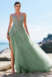 A Line Spaghetti Straps Blush Long Prom Dress with Appliques