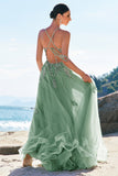 A Line Spaghetti Straps Blush Long Prom Dress with Appliques