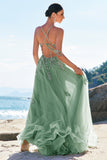 Green A-Line Spaghetti Straps Tulle Long Prom Dress with Criss Cross Back