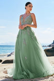 A Line Spaghetti Straps Blush Long Prom Dress with Appliques