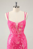 Gorgeous Hot Pink Bodycon Lace Up Glittler Short Homecoming Dress with Slit