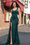 Sparkly Dark Green Sheath Sequin Pleated Long Prom Dress With Thigh Split