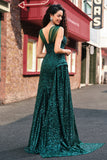 Sparkly Dark Green Sheath Sequin Pleated Long Prom Dress With Thigh Split