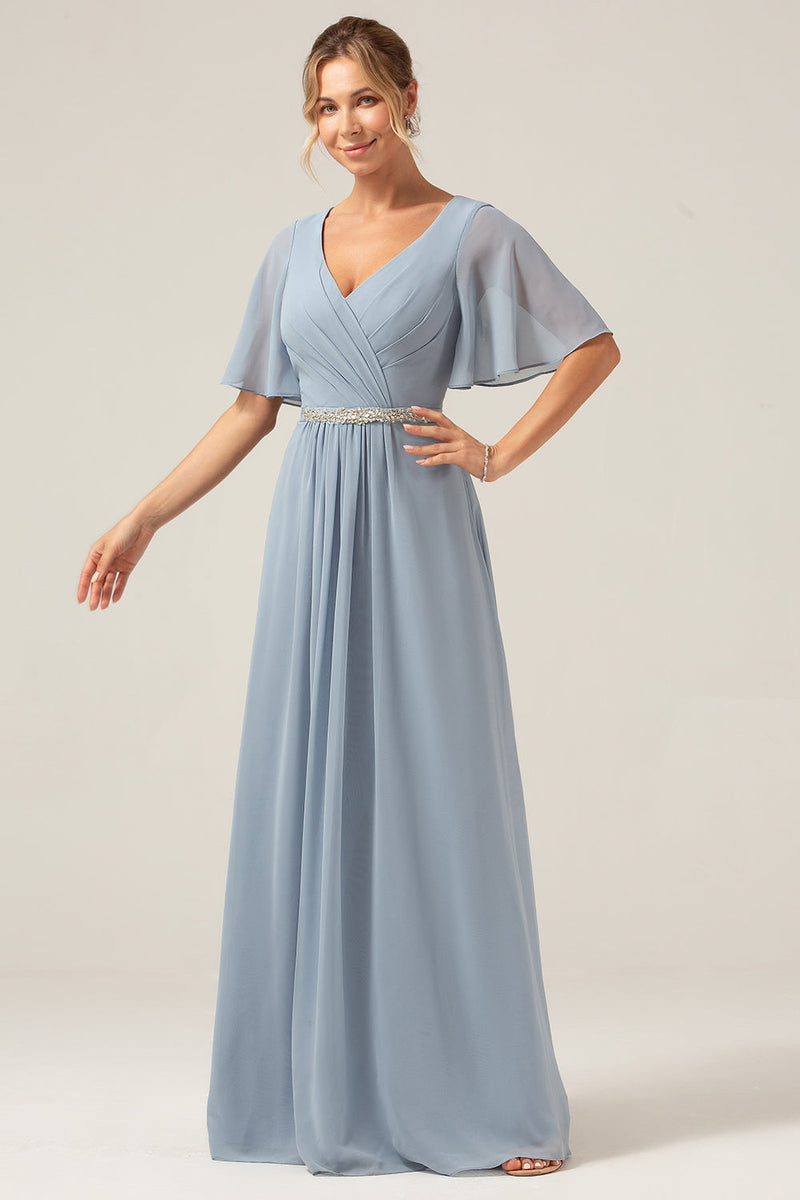 Load image into Gallery viewer, Dusty Blue A-Line V Neck Short Sleeves Chiffon Bridesmaid Dress