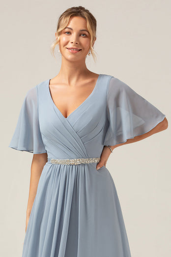 Dusty Blue A-Line V Neck Short Sleeves Chiffon Bridesmaid Dress