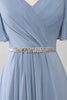 Load image into Gallery viewer, A-Line Chiffon Dusty Blue Long Bridesmaid Dress with Beaded Waist