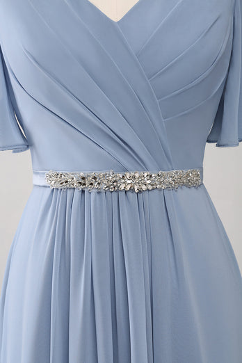 A-Line Chiffon Dusty Blue Long Bridesmaid Dress with Beaded Waist