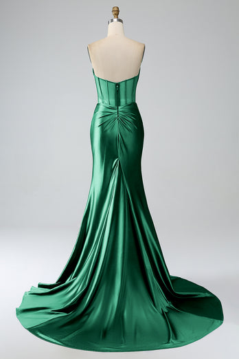 Dark Green Mermaid Strapless Corset Long Prom Dress with Slit
