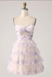 Lavender Flower A Line Spaghetti Straps Tiered Pleated Short Homecoming Dress