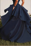 A Line Sweetheart Ruffled Navy Prom Dress with Front Slit