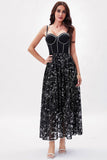 Black Printed A-Line Spaghetti Straps Party Dress