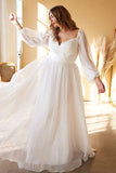 White A-Line Off the Shoulder Long Sleeves Ruched Wedding Party Dress