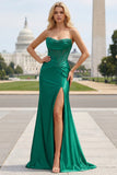 Dark Green Strapless Mermaid Corset Beaded Long Prom Dress with Slit