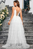 White A-Line Spaghetti Straps Appliques Tulle Long Wedding Party Dress with Slit