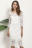 White Sheath 3/4 Sleeves Boat Neck Lace Knee Length Party Dress