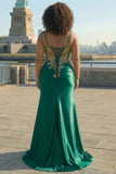 Dark Green Mermaid Beaded Lace Up Back Sequin Long Prom Dress with Slit
