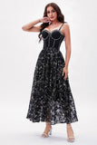 Black Printed A-Line Spaghetti Straps Party Dress