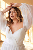 White A-Line Off the Shoulder Long Sleeves Ruched Wedding Party Dress