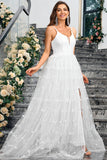 White A-Line Spaghetti Straps Appliques Tulle Long Wedding Party Dress with Slit