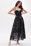 Black Printed A-Line Spaghetti Straps Party Dress