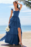 Ink Blue A-Line Corset Tiered Long Bridesmaid Dress with Ruffle Slit