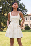 A-Line Blue Square Neck Homecoming Dress with 3D Flowers