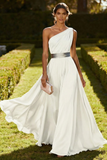 Dusty Blue One Shoulder A Line Chiffon Maxi Formal Dress