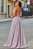 Glitter Spaghetti Straps Blush Prom Dress with Beading