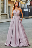 Glitter Spaghetti Straps Blush Prom Dress with Beading