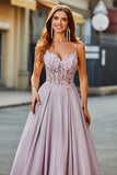 Glitter Spaghetti Straps Blush Prom Dress with Beading