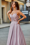 Glitter Spaghetti Straps Blush Prom Dress with Beading