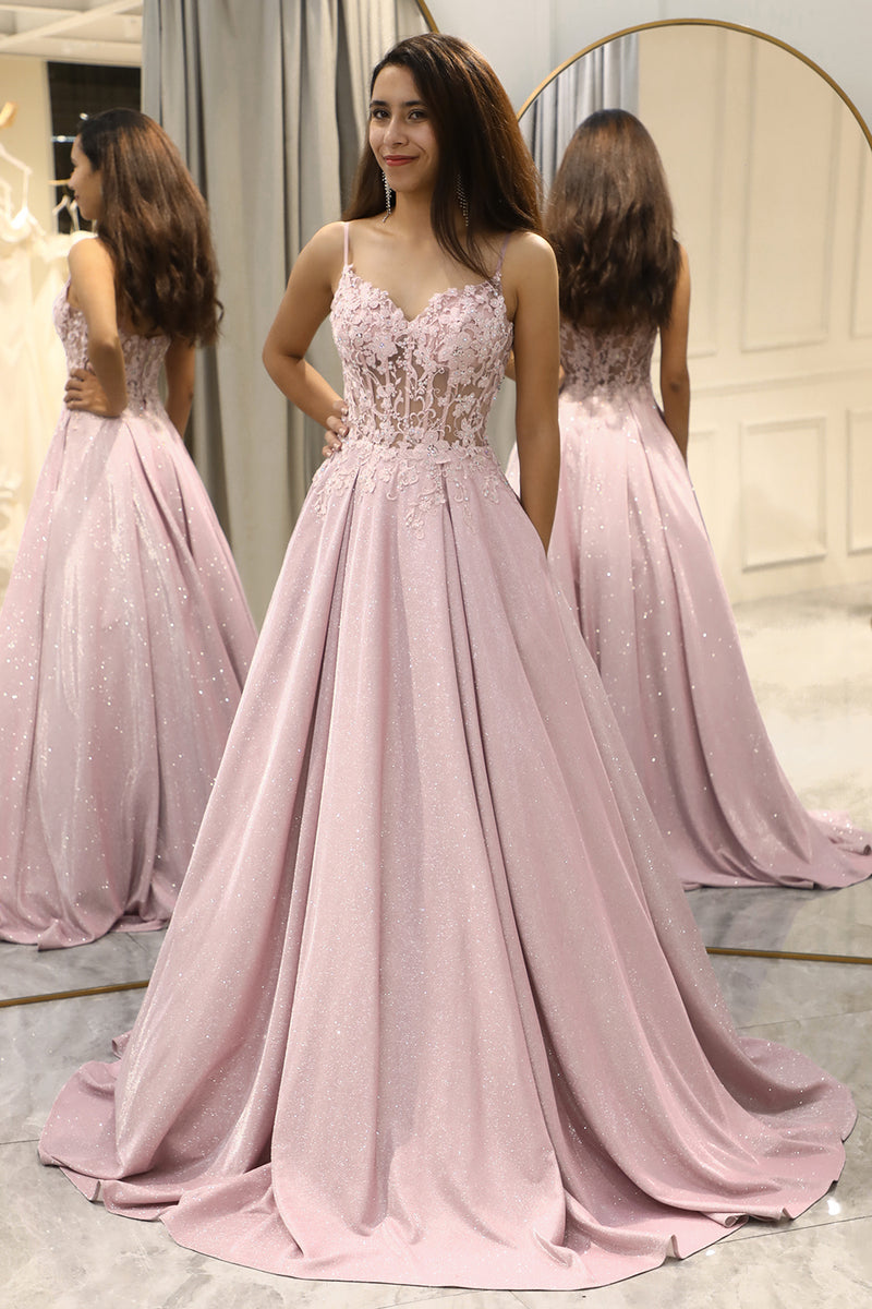 Load image into Gallery viewer, Glitter Spaghetti Straps Blush Prom Dress with Beading